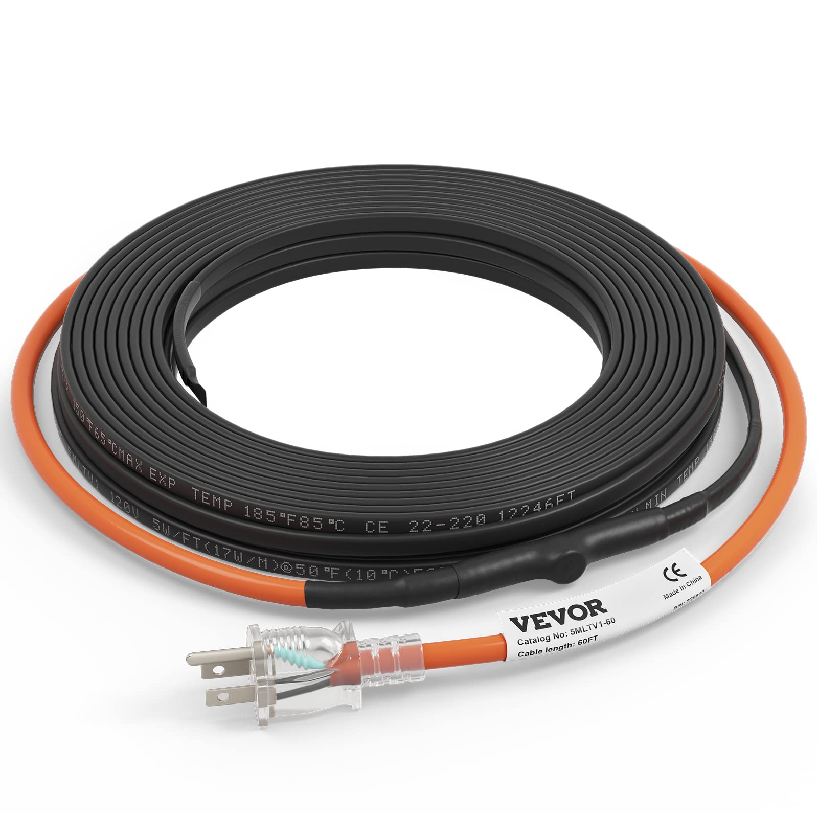 VEVOR Self-Regulating Pipe Heating Cable, 60-feet 5W/ft Heat Tape for Pipes Freeze Protection, Protects PVC Hose, Metal and Plas